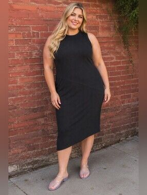 Rachel Roy Plus Size 1x: Ribbed Sleeveless Black Asymmetric Midi Dress